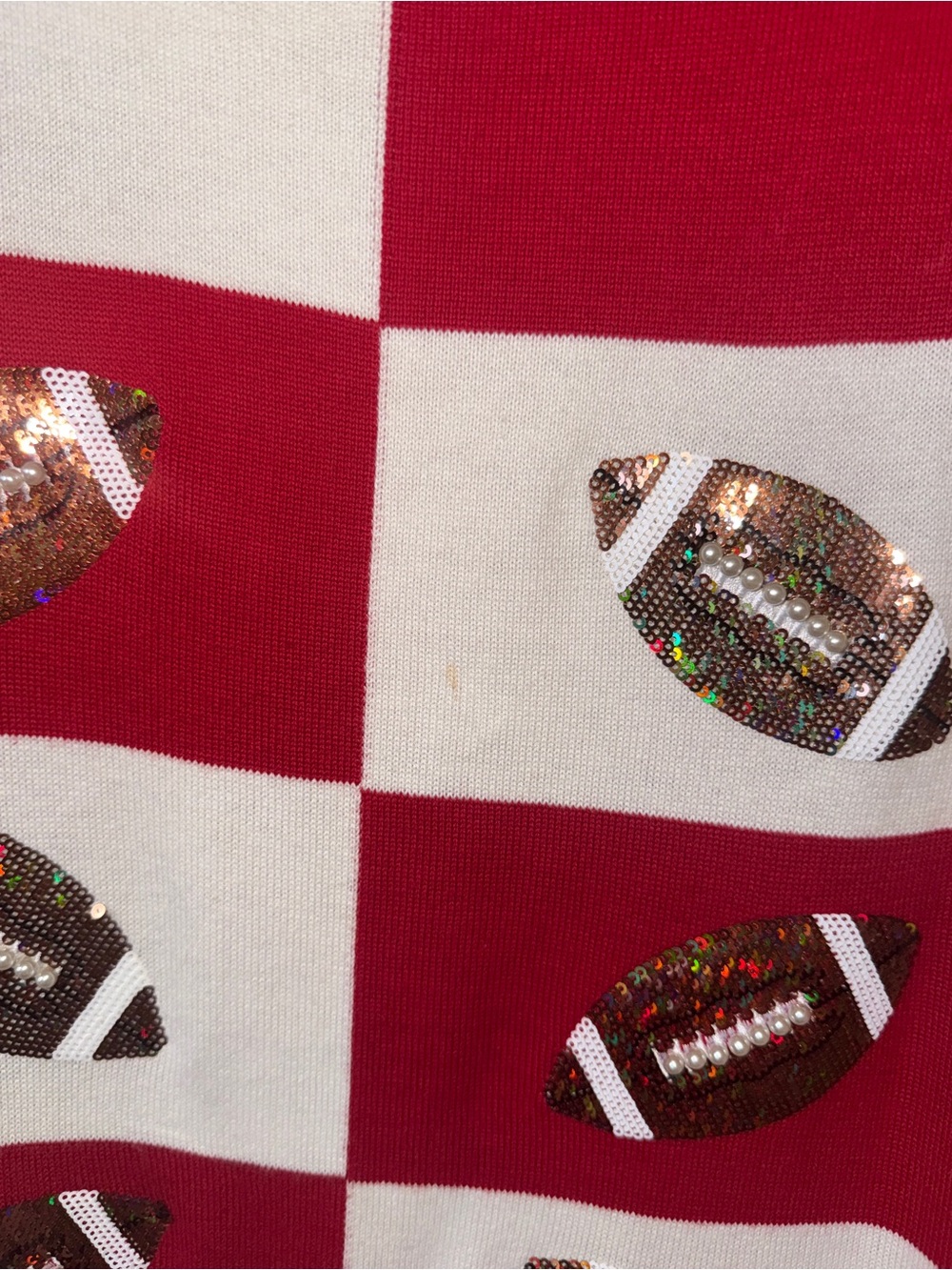 QUEEN OF SPARKLES Red and White Checkerboard Mini Dress with Football Motif - Picture 2 of 5